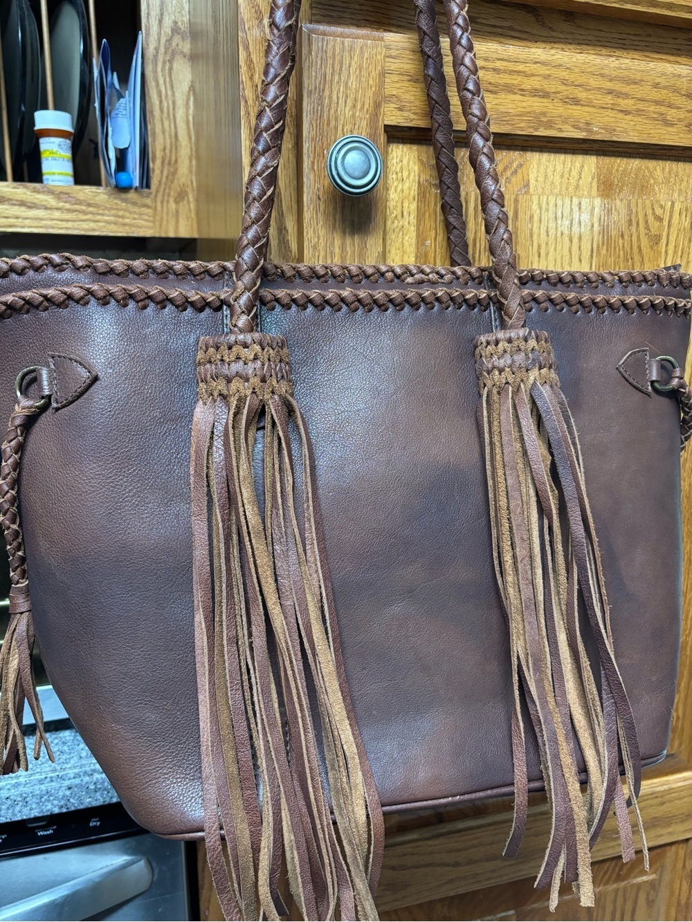 American Darling Brown Braided Leather Fringe Tote